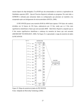 mesmo depois do chip desligado). É na RAM que são armazenadas as variáveis e registradores de
finalidades especiais (SFR – Special Function Registers) utilizados no programa. Por outro lado, a
EEPROM é utilizada para armazenar dados ou configurações que precisam ser mantidos e/ou
recuperados após um desligamento do microcontrolador (SOUZA, 2008).

       O PIC18F4520 possui uma memória RAM de 4096 bytes (apenas 1536 bytes são usados),
divididos em 16 bancos de 256 bytes, endereçáveis por 12 bits, sendo que os 4 bits mais
significativos identificam o banco que será acessado (BSR – Bank Select Register), enquanto que os
8 bits menos significativos identificam o endereço de memória do banco que será acessado
(MICROCHIP TECHNOLOGY, 2008). Na Figura 18, é apresentado o mapa da memória de dados
do PIC18F4520.




Figura 18. Mapa da memória de dados do PIC18F4520.
Fonte: Adaptado de Microchip Technology (2008).




                                               27
 