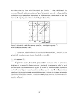 Oxide-Semiconductor), como microcontroladores, por exemplo. O valor correspondente aos
resistores é dado pelo gráfico apresentado na Figura 31, onde a reta representa a voltagem da linha
de alimentação dos dispositivos, enquanto que os eixos cartesianos correspondem ao valor dos
resistores RP de pull-up (eixo vertical) e de série RS (eixo horizontal).




Figura 31. Gráfico da relação dos resistores de pull-up e de proteção no circuito I2C.
Fonte: NXP Semiconductors (2007).


       A comunicação entre os dispositivos conectados no barramento I2C é realizada por um
protocolo de comunicação serial síncrona chamado de protocolo I2C.


2.4.2 Protocolo I2C
       O protocolo I2C foi desenvolvido para transferir informações entre os dispositivos
conectados no barramento I2C. Cada componente é reconhecido por um endereço único, em geral,
podendo operar como um transmissor ou receptor de informação, assumindo o papel de mestre ou
escravo. O mestre é quem inicia a transmissão dos dados gerando o sinal do clock, permitindo a
transferência da informação. Quando um componente assume o papel de mestre, todos os outros são
considerados escravos para o mesmo. Essas e outras definições do protocolo de comunicação estão
descritos na Tabela 4.




                                                   44
 