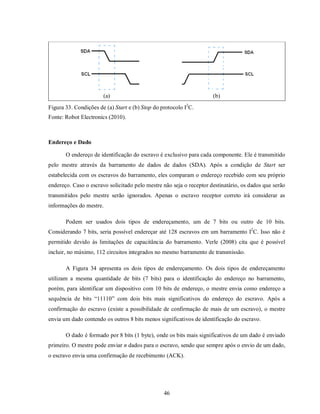 (a)                                           (b)
Figura 33. Condições de (a) Start e (b) Stop do protocolo I2C.
Fonte: Robot Electronics (2010).



Endereço e Dado

       O endereço de identificação do escravo é exclusivo para cada componente. Ele é transmitido
pelo mestre através da barramento de dados de dados (SDA). Após a condição de Start ser
estabelecida com os escravos do barramento, eles comparam o endereço recebido com seu próprio
endereço. Caso o escravo solicitado pelo mestre não seja o receptor destinatário, os dados que serão
transmitidos pelo mestre serão ignorados. Apenas o escravo receptor correto irá considerar as
informações do mestre.

       Podem ser usados dois tipos de endereçamento, um de 7 bits ou outro de 10 bits.
Considerando 7 bits, seria possível endereçar até 128 escravos em um barramento I2C. Isso não é
permitido devido às limitações de capacitância do barramento. Verle (2008) cita que é possível
incluir, no máximo, 112 circuitos integrados no mesmo barramento de transmissão.

       A Figura 34 apresenta os dois tipos de endereçamento. Os dois tipos de endereçamento
utilizam a mesma quantidade de bits (7 bits) para o identificação do endereço no barramento,
porém, para identificar um dispositivo com 10 bits de endereço, o mestre envia como endereço a
sequência de bits “11110” com dois bits mais significativos do endereço do escravo. Após a
confirmação do escravo (existe a possibilidade de confirmação de mais de um escravo), o mestre
envia um dado contendo os outros 8 bits menos significativos de identificação do escravo.

       O dado é formado por 8 bits (1 byte), onde os bits mais significativos de um dado é enviado
primeiro. O mestre pode enviar n dados para o escravo, sendo que sempre após o envio de um dado,
o escravo envia uma confirmação de recebimento (ACK).




                                                 46
 