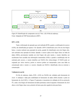 (a)




                                                 (b)
Figura 34. Identificação do componente com (a) 7 bits e (b) 10 bits de endereço.
Fonte: Adaptado de NXP Semiconductors (2007).



R/W e ACK

       Tanto a informação da operação que será realizada (R/W), quanto a confirmação do escravo
(ACK), são identificadas por apenas 1 bit. Quando o R/W é identificado com o bit em nível lógico
baixo, o mestre realizará uma operação de escrita, quando for identificado com nível lógico alto,
será realizada uma operação de leitura. Quando o escravo aplica nível lógico baixo na linha de
dados (SDA), previamente mantida em nível lógico alto pelo mestre, o mestre identifica um
recebimento bem sucedido das informações transmitidas (ACK) e quando a modificação não for
realizada pelo escravo, o mestre identifica um NACK (Not Acknowledge). O NACK pode ser
originado por vários motivos, porém os motivos podem ser interpretados como uma falha na
comunicação entre o mestre e o escravo. Quando um NACK é identificado, deve-se reiniciar a
comunicação.


Validação de um bit

       Os bits de endereço, dados, R/W e ACK (ou NACK) são validados pela barramento de
clock. A validação é dada pela estabilidade do barramento de dados (SDA) durante o pulso no
barramento de clock (SCL). A Figura 35 apresenta o mecanismo de validação do bit no protocolo
I2C, onde o nível lógico do barramento de dados permanece estável enquanto o barramento de clock
altera o nível lógico duas vezes, primeiro de baixo para alto seguido de alto para baixo.




                                                  47
 
