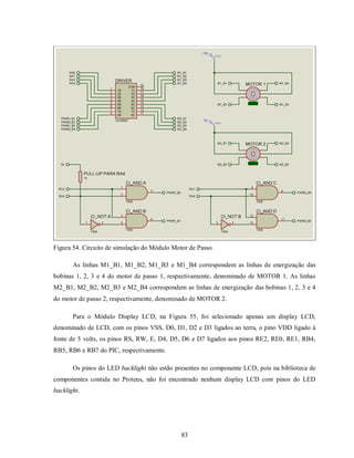 Figura 54. Circuito de simulação do Módulo Motor de Passo.

       As linhas M1_B1, M1_B2, M1_B3 e M1_B4 correspondem as linhas de energização das
bobinas 1, 2, 3 e 4 do motor de passo 1, respectivamente, denominado de MOTOR 1. As linhas
M2_B1, M2_B2, M2_B3 e M2_B4 correspondem as linhas de energização das bobinas 1, 2, 3 e 4
do motor de passo 2, respectivamente, denominado de MOTOR 2.

       Para o Módulo Display LCD, na Figura 55, foi selecionado apenas um display LCD,
denominado de LCD, com os pinos VSS, D0, D1, D2 e D3 ligados ao terra, o pino VDD ligado à
fonte de 5 volts, os pinos RS, RW, E, D4, D5, D6 e D7 ligados aos pinos RE2, RE0, RE1, RB4,
RB5, RB6 e RB7 do PIC, respectivamente.

       Os pinos do LED backlight não estão presentes no componente LCD, pois na biblioteca de
componentes contida no Proteus, não foi encontrado nenhum display LCD com pinos do LED
backlight.




                                              83
 
