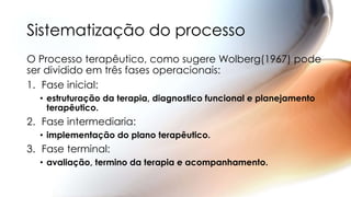 O Processo terapêutico, como sugere Wolberg(1967) pode
ser dividido em três fases operacionais:
1. Fase inicial:
• estruturação da terapia, diagnostico funcional e planejamento
terapêutico.
2. Fase intermediaria:
• implementação do plano terapêutico.
3. Fase terminal:
• avaliação, termino da terapia e acompanhamento.
Sistematização do processo
 