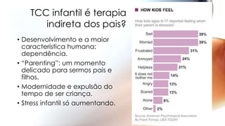 • Desenvolvimento e a maior
característica humana:
dependência.
• “Parenting”: um momento
delicado para sermos pais e
filhos.
• Modernidade e expulsão do
tempo de ser criança.
• Stress infantil só aumentando.
TCC infantil é terapia
indireta dos pais?
 