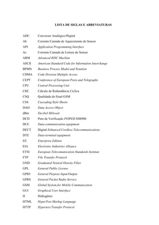 LISTA DE SIGLAS E ABREVIATURAS
ADC Conversor Analógico/Digital
Ah Corrente Camada de Aquecimento do Sensor
API Application Programming Interface
As Corrente Camada de Leitura do Sensor
ARM Advanced RISC Machine
ASCII American Standard Code for Information Interchange
BPMN Business Process Model and Notation
CDMA Code Division Multiple Access
CEPT Conference of European Posts and Telegraphs
CPU Central Processing Unit
CRC Cálculo de Redundância Cíclica
CSQ Qualidade do Sinal GSM
CSS Cascading Style Sheets
DAO Data Access Object
dBm Decibel Miliwatt
DCD Pino de Verificação POWER SIM900
DCE Data-communication equipment
DECT Digital Enhanced Cordless Telecommunications
DTE Data-terminal equipment
EE Enterprise Edition
EIA Electronic Industries Alliance
ETSI European Telecomunication Standards Institute
FTP File Transfer Protocol
GND Graduated Neutral Density Filter
GPL General Public License
GPIO General Purpose Input/Output
GPRS General Packet Radio Service
GSM Global System for Mobile Communication
GUI Graphical User Interface
H Hidrogênio
HTML HyperText Markup Language
HTTP Hypertext Transfer Protocol
 