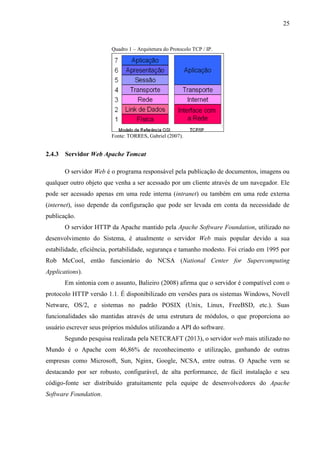 25
Quadro 1 – Arquitetura do Protocolo TCP / IP.
Fonte: TORRES, Gabriel (2007).
2.4.3 Servidor Web Apache Tomcat
O servidor Web é o programa responsável pela publicação de documentos, imagens ou
qualquer outro objeto que venha a ser acessado por um cliente através de um navegador. Ele
pode ser acessado apenas em uma rede interna (intranet) ou também em uma rede externa
(internet), isso depende da configuração que pode ser levada em conta da necessidade de
publicação.
O servidor HTTP da Apache mantido pela Apache Software Foundation, utilizado no
desenvolvimento do Sistema, é atualmente o servidor Web mais popular devido a sua
estabilidade, eficiência, portabilidade, segurança e tamanho modesto. Foi criado em 1995 por
Rob McCool, então funcionário do NCSA (National Center for Supercomputing
Applications).
Em sintonia com o assunto, Balieiro (2008) afirma que o servidor é compatível com o
protocolo HTTP versão 1.1. É disponibilizado em versões para os sistemas Windows, Novell
Netware, OS/2, e sistemas no padrão POSIX (Unix, Linux, FreeBSD, etc.). Suas
funcionalidades são mantidas através de uma estrutura de módulos, o que proporciona ao
usuário escrever seus próprios módulos utilizando a API do software.
Segundo pesquisa realizada pela NETCRAFT (2013), o servidor web mais utilizado no
Mundo é o Apache com 46,86% de reconhecimento e utilização, ganhando de outras
empresas como Microsoft, Sun, Nginx, Google, NCSA, entre outras. O Apache vem se
destacando por ser robusto, configurável, de alta performance, de fácil instalação e seu
código-fonte ser distribuído gratuitamente pela equipe de desenvolvedores do Apache
Software Foundation.
 