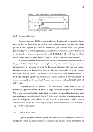 35
Quadro 2 - Diagrama do Ciclo de Funcionamento do Sensor.
Fonte: Figaro Engineering Inc., 2010.
2.6.3 Comunicação Serial
Segundo Buchmann (2013), a comunicação entre dois dispositivos eletrônicos digitais
pode ser feita de forma serial ou paralela. Para uniformizar estas conexões, são criados
padrões a serem seguidos pela indústria. Responsável pelo desenvolvimento e criação dos
principais padrões de comunicação serial, a EIA (Electronic Industries Alliance) desenvolveu
os três grandes protocolos de comunicação serial: RS-232, RS-422 e RS-485, este último
padrão citado está contido neste trabalho. O prefixo RS vem de Recommended Standard.
A comunicação serial define-se em dois modos de transmissão. O primeiro modelo, o
Single-Ended é caracterizado pela comunicação de uma ponta a outra, ou seja, em uma rede
com um mestre e n escravos. Deve sair do dispositivo mestre um cabo para cada escravo.
Outro detalhe do modo Single-Ended, é que os dados são representados em níveis de tensão
em relação ao terra comum. Esse sistema torna a rede serial lenta, aproximadamente 20
Kbits/s (kilobits por segundo) de transmissão e a curtas distâncias de aproximadamente 15
metros sem repetidores. O modo Single-Ended é encontrado nos padrões RS-232C e RS-423
(ARC, 2000).
O Segundo modelo, o Differential Data Transmission, oferece uma alta taxa de
transmissão, aproximadamente 100 Kbits/s e longas distâncias, chegando até 1200 metros.
Usa-se uma linha diferenciada, o que implica que o dado é representado pela corrente e não
pela tensão como no modelo Single-Ended. O Differential possibilita, pela sua estrutura, uma
conexão multi-ponto, onde pode-se ter uma conexão de um mestre e vários escravos
compartilhando mesmo meio. Essas implementações podem ser encontradas nos padrões RS-
422 e RS-485. (ARC, 2000).
2.6.3.1 Padrão Serial RS-485
O padrão RS-485 é capaz de prover uma forma bastante robusta de comunicação
multiponto, com até 32 terminais remotos de comunicação, bastante comum na indústria, em
 