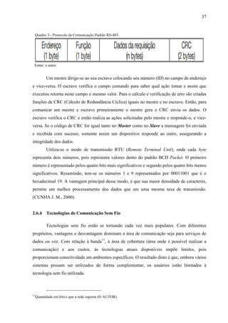 37
Quadro 3 - Protocolo de Comunicação Padrão RS-485.
Fonte: o autor.
Um mestre dirige-se ao seu escravo colocando seu número (ID) no campo de endereço
e vice-versa. O escravo verifica o campo comando para saber qual ação tomar e assim que
executou retorna neste campo o mesmo valor. Para o cálculo e verificação de erro são criadas
funções de CRC (Cálculo de Redundância Cíclica) iguais no mestre e no escravo. Então, para
comunicar um mestre e escravo primeiramente o mestre gera o CRC envia os dados. O
escravo verifica o CRC e então realiza as ações solicitadas pelo mestre e responde-o, e vice-
versa. Se o código de CRC for igual tanto no Master como no Slave a mensagem foi enviada
e recebida com sucesso, somente assim um dispositivo responde ao outro, assegurando a
integridade dos dados.
Utiliza-se o modo de transmissão RTU (Remote Terminal Unit), onde cada byte
representa dois números, pois representa valores dento do padrão BCD Packet. O primeiro
número é representado pelos quatro bits mais significativos e segundo pelos quatro bits menos
significativos. Resumindo, tem-se os números 1 e 9 representados por 00011001 que é o
hexadecimal 19. A vantagem principal desse modo, é que sua maior densidade de caracteres,
permite um melhor processamento dos dados que em uma mesma taxa de transmissão.
(CUNHA J. M., 2000).
2.6.4 Tecnologias de Comunicação Sem Fio
Tecnologias sem fio estão se tornando cada vez mais populares. Com diferentes
propósitos, vantagens e desvantagens dominam a área de comunicação seja para serviços de
dados ou voz. Com relação à banda11
, à área de cobertura (área onde é possível realizar a
comunicação) e aos custos, às tecnologias atuais disponíveis impõe limites, pois
proporcionam conectividade em ambientes específicos. O resultado disto é que, embora vários
sistemas possam ser utilizados de forma complementar, os usuários estão limitados à
tecnologia sem fio utilizada.
11
Quantidade em bits/s que a rede suporta (O AUTOR).
 