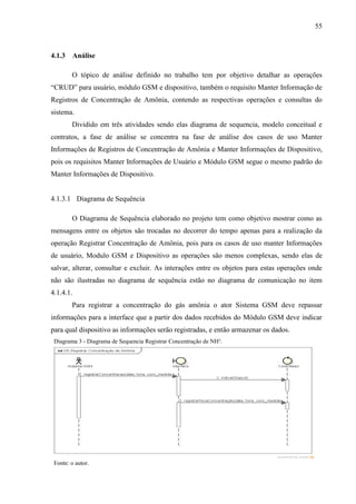 55
4.1.3 Análise
O tópico de análise definido no trabalho tem por objetivo detalhar as operações
“CRUD” para usuário, módulo GSM e dispositivo, também o requisito Manter Informação de
Registros de Concentração de Amônia, contendo as respectivas operações e consultas do
sistema.
Dividido em três atividades sendo elas diagrama de sequencia, modelo conceitual e
contratos, a fase de análise se concentra na fase de análise dos casos de uso Manter
Informações de Registros de Concentração de Amônia e Manter Informações de Dispositivo,
pois os requisitos Manter Informações de Usuário e Módulo GSM segue o mesmo padrão do
Manter Informações de Dispositivo.
4.1.3.1 Diagrama de Sequência
O Diagrama de Sequência elaborado no projeto tem como objetivo mostrar como as
mensagens entre os objetos são trocadas no decorrer do tempo apenas para a realização da
operação Registrar Concentração de Amônia, pois para os casos de uso manter Informações
de usuário, Modulo GSM e Dispositivo as operações são menos complexas, sendo elas de
salvar, alterar, consultar e excluir. As interações entre os objetos para estas operações onde
não são ilustradas no diagrama de sequência estão no diagrama de comunicação no item
4.1.4.1.
Para registrar a concentração do gás amônia o ator Sistema GSM deve repassar
informações para a interface que a partir dos dados recebidos do Módulo GSM deve indicar
para qual dispositivo as informações serão registradas, e então armazenar os dados.
Diagrama 3 - Diagrama de Sequencia Registrar Concentração de NH³.
Fonte: o autor.
 