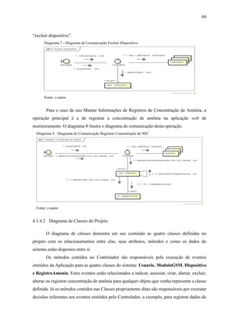 60
“excluir dispositivo”.
Diagrama 7 - Diagrama de Comunicação Excluir Dispositivo.
Fonte: o autor.
Para o caso de uso Manter Informações de Registros de Concentração de Amônia, a
operação principal é a de registrar a concentração de amônia na aplicação web de
monitoramento. O diagrama 8 ilustra o diagrama de comunicação desta operação.
Diagrama 8 - Diagrama de Comunicação Registrar Concentração de NH³.
Fonte: o autor.
4.1.4.2 Diagrama de Classes do Projeto
O diagrama de classes demostra em seu conteúdo as quatro classes definidas no
projeto com os relacionamentos entre elas, seus atributos, métodos e como os dados do
sistema estão dispostos entre si.
Os métodos contidos no Controlador são responsáveis pela execução de eventos
emitidos da Aplicação para as quatro classes do sistema: Usuario, ModuloGSM, Dispositivo
e RegistroAmonia. Estes eventos estão relacionados a indicar, associar, criar, alterar, excluir,
alterar ou registrar concentração de amônia para qualquer objeto que venha represente a classe
definida. Já os métodos contidos nas Classes propriamente ditas são responsáveis por executar
decisões referentes aos eventos emitidos pelo Controlador, a exemplo, para registrar dados de
 