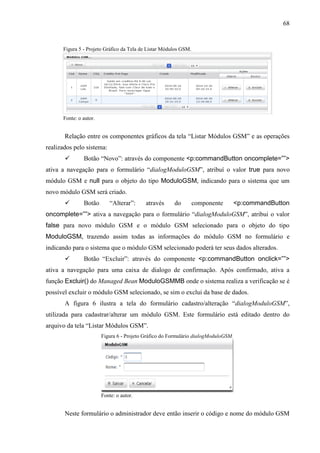 68
Figura 5 - Projeto Gráfico da Tela de Listar Módulos GSM.
Fonte: o autor.
Relação entre os componentes gráficos da tela “Listar Módulos GSM” e as operações
realizados pelo sistema:
 Botão “Novo”: através do componente <p:commandButton oncomplete=””>
ativa a navegação para o formulário “dialogModuloGSM”, atribuí o valor true para novo
módulo GSM e null para o objeto do tipo ModuloGSM, indicando para o sistema que um
novo módulo GSM será criado.
 Botão “Alterar”: através do componente <p:commandButton
oncomplete=””> ativa a navegação para o formulário “dialogModuloGSM”, atribui o valor
false para novo módulo GSM e o módulo GSM selecionado para o objeto do tipo
ModuloGSM, trazendo assim todas as informações do módulo GSM no formulário e
indicando para o sistema que o módulo GSM selecionado poderá ter seus dados alterados.
 Botão “Excluir”: através do componente <p:commandButton onclick=””>
ativa a navegação para uma caixa de dialogo de confirmação. Após confirmado, ativa a
função Excluir() do Managed Bean ModuloGSMMB onde o sistema realiza a verificação se é
possível excluir o módulo GSM selecionado, se sim o exclui da base de dados.
A figura 6 ilustra a tela do formulário cadastro/alteração “dialogModuloGSM”,
utilizada para cadastrar/alterar um módulo GSM. Este formulário está editado dentro do
arquivo da tela “Listar Módulos GSM”.
Figura 6 - Projeto Gráfico do Formulário dialogModuloGSM.
Fonte: o autor.
Neste formulário o administrador deve então inserir o código e nome do módulo GSM
 