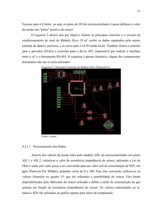 77
Emissor para o Coletor, ou seja, os pinos de I/O do microcontrolador é quem definem o valor
da tensão nos “pólos” positivo do sensor.
O esquema 5 abaixo tem por objetivo ilustrar as principais conexões e o circuito de
condicionamento de sinal do Módulo Slave. O uC recebe os dados capturados pelo sensor
(entrada de dados), processa, e os envia para o LCD (saída local). Também ilustra a conexão
para o gravador (JTAG) e conexões para o driver 485, responsável por realizar a interface
entre o uC e o barramento RS-485. O esquema é apenas ilustrativo, alguns dos componentes
desenhados não são os reais utilizados.
Esquema 5 - Principais Conexões do Módulo Slave (Dispositivo).
Fonte: o autor.
4.2.1.1 Processamento dos Dados
Através dos valores da tensão lidos pelo módulo ADC do microcontrolador nos pinos
AD_1 e AD_2, calcula-se o valor da resistência (impedância) do sensor, aplicando a Lei de
Ohm e então este valor passa a ser convertido para um valor real de concentração de NH³, em
ppm (Partícula Por Milhão), podendo variar de 0 a 100. Para esta conversão, utilizou-se os
valores ilustrados no quadro 15, que são referentes à sensibilidade do sensor. Eles foram
disponibilizados pelo fabricante do sensor utilizado e define a razão de concentração do gás
amônia em função da resistência (impedância) do sensor. Os valores relacionados ao ar,
etanol e H2S são utilizados no gráfico apenas para efeito de comparação.
 