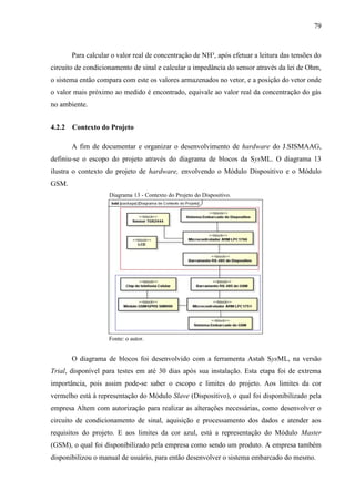 79
Para calcular o valor real de concentração de NH³, após efetuar a leitura das tensões do
circuito de condicionamento de sinal e calcular a impedância do sensor através da lei de Ohm,
o sistema então compara com este os valores armazenados no vetor, e a posição do vetor onde
o valor mais próximo ao medido é encontrado, equivale ao valor real da concentração do gás
no ambiente.
4.2.2 Contexto do Projeto
A fim de documentar e organizar o desenvolvimento de hardware do J.SISMAAG,
definiu-se o escopo do projeto através do diagrama de blocos da SysML. O diagrama 13
ilustra o contexto do projeto de hardware, envolvendo o Módulo Dispositivo e o Módulo
GSM.
Diagrama 13 - Contexto do Projeto do Dispositivo.
Fonte: o autor.
O diagrama de blocos foi desenvolvido com a ferramenta Astah SysML, na versão
Trial, disponível para testes em até 30 dias após sua instalação. Esta etapa foi de extrema
importância, pois assim pode-se saber o escopo e limites do projeto. Aos limites da cor
vermelho está à representação do Módulo Slave (Dispositivo), o qual foi disponibilizado pela
empresa Altem com autorização para realizar as alterações necessárias, como desenvolver o
circuito de condicionamento de sinal, aquisição e processamento dos dados e atender aos
requisitos do projeto. E aos limites da cor azul, está a representação do Módulo Master
(GSM), o qual foi disponibilizado pela empresa como sendo um produto. A empresa também
disponibilizou o manual de usuário, para então desenvolver o sistema embarcado do mesmo.
 