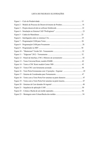LISTA DE FIGURAS E ILUSTRAÇÕES
Figura 1 - Ciclo de Produtividade ......................................................................................... 15
Figura 2 - Modelo de Processo de Desenvolvimento de Produto........................................... 18
Figura 3 - Projeto desenvolvido no software Solidwords ...................................................... 22
Figura 4 - Simulação no Sistema CAD "ProEngineer" .......................................................... 23
Figura 5 - Cadeia de Manufatura .......................................................................................... 25
Figura 6 - Interligações entre os sistemas CAx ..................................................................... 25
Figura 7 - Programação CAM para Torno ............................................................................ 28
Figura 8 - Programação CAM para Fresamento .................................................................... 28
Figura 9 - Programador no MIT ........................................................................................... 30
Figura 10 - "Mastercam" Versão X4 - Torneamento ............................................................. 32
Figura 11 - "Edgecam" 2012 - Torneamento ........................................................................ 32
Figura 12 - Painel de Interface, CNC e Motores de acionamento .......................................... 42
Figura 13 - Torno Universal Romi, modelo ES40B .............................................................. 42
Figura 14 - Torno a CNC Romi modelo Centur 30D ............................................................ 43
Figura 15 - Torno CNC com ferramenta acionada ................................................................ 44
Figura 16 - Torre Porta Ferramentas com 12 posições - Ergomat .......................................... 45
Figura 17 - Sistema de Coordenadas para Torneamento ....................................................... 47
Figura 18 - Torno com a Torre Porta Ferr amentas na parte dianteira .................................... 47
Figura 19 - Torno com a Torre Porta Ferr amentas na parte traseira....................................... 47
Figura 20 - Sistemas de Coor denadas Or togonal .................................................................. 48
Figura 21 - Sequência de aplicação CAM ............................................................................. 50
Figura 22 - Coluna e Bucha de um molde separados............................................................. 54
Figura 23 - Montagem entre Coluna/Bucha dos moldes ........................................................ 54
 