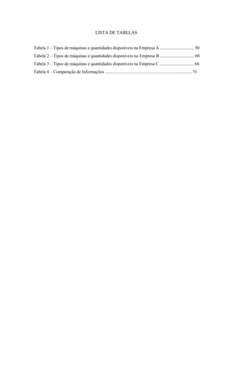 LISTA DE TABELAS
Tabela 1 – Tipos de máquinas e quantidades disponíveis na Empresa A ............................... 50
Tabela 2 – Tipos de máquinas e quantidades disponíveis no Empresa B ............................... 60
Tabela 3 – Tipos de máquinas e quantidades disponíveis na Empresa C ............................... 66
Tabela 4 – Comparação de Informações ............................................................................... 71
 
