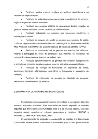 17
 Resíduos sólidos urbanos: engloba os resíduos domiciliares e os
resíduos de limpeza urbana.
 Resíduos de estabelecimentos comerciais e prestadores de serviços:
engloba os gerados nessas atividades.
 Resíduos dos serviços públicos de saneamento básico: engloba os
gerados nessas atividades, exceto os resíduos sólidos urbanos.
 Resíduos industriais: os gerados nos processos produtivos e
instalações industriais.
 Resíduos de serviços de saúde: os gerados nos serviços de saúde,
conforme regulamento e normas estabelecidas pelos órgãos do Sistema Nacional do
Meio Ambiente (SISNAMA) e do Sistema Nacional de Vigilância Sanitária (SNVS).
 Resíduos da construção civil: os gerados nas construções, reformas,
reparos e demolições de obras de construção civil, incluindo os resultantes da
preparação e escavação de terrenos para obras civis.
 Resíduos agrossilvopastoris: os gerados nas atividades agropecuárias
e silviculturais, incluídos os relacionados a insumos utilizados nessas atividades.
 Resíduos de serviços de transportes: os originários de portos,
aeroportos, terminais alfandegários, rodoviários e ferroviários e passagens de
fronteira;
 Resíduos de mineração: os gerados na atividade de pesquisa,
extração ou beneficiamento de minérios.
3.2 DINÂMICA DA GERAÇÃO DE RESÍDUOS SÓLIDOS
Os resíduos sólidos apresentam grande diversidade e se originam das mais
variadas atividades humanas. Suas características variam segundo os mesmos
aspectos que diferenciam as comunidades entre si e as próprias cidades, são eles:
aspectos sociais, econômicos, culturais, geográficos e climáticos (BIDONE e
POVINELLI, 1999; MONTEIRO et al., 2001).
O conhecimento da produção e composição do resíduo em determinada
comunidade fornece dados preliminares fundamentais para o seu gerenciamento
 