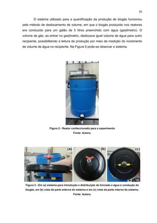 35
O sistema utilizado para a quantificação da produção de biogás funcionou
pelo método de deslocamento de volume, em que o biogás produzido nos reatores
era conduzido para um galão de 5 litros preenchido com água (gasômetro). O
volume de gás, ao entrar no gasômetro, deslocava igual volume de água para outro
recipiente, possibilitando a leitura da produção por meio da medição do incremento
de volume de água no recipiente. Na Figura 5 pode-se observar o sistema.
Figura 2 - Reator confeccionado para o experimento
Fonte: Autora.
Figura 3 - Em (a) sistema para introdução e distribuição de lixiviado e água e condução do
biogás, em (b) vista da parte externa do sistema e em (c) vista da parte interna do sistema.
Fonte: Autora.
 