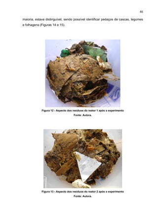 46
maioria, estava distinguível, sendo possível identificar pedaços de cascas, legumes
e folhagens (Figuras 14 e 15).
Figura 12 - Aspecto dos resíduos do reator 1 após o experimento
Fonte: Autora.
Figura 13 - Aspecto dos resíduos do reator 2 após o experimento
Fonte: Autora.
 