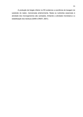 61
A produção de biogás inferior no R3 evidencia a ocorrência de lavagem do
substrato do reator, mencionada anteriormente. Nesta os nutrientes essenciais à
atividade dos microrganismos são carreados, limitando a atividade microbiana e a
estabilização dos resíduos (SAM e ONAY, 2001).
 