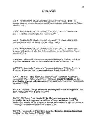 65
REFERÊNCIAS
ABNT - ASSOCIAÇÃO BRASILEIRA DE NORMAS TÉCNICAS. NBR 8419:
apresentação de projetos de aterros sanitários de resíduos sólidos urbanos. Rio de
Janeiro, 1992.
ABNT - ASSOCIAÇÃO BRASILEIRA DE NORMAS TÉCNICAS. NBR 10.004:
resíduos sólidos - classificação. Rio de Janeiro, 2004a.
ABNT - ASSOCIAÇÃO BRASILEIRA DE NORMAS TÉCNICAS. NBR 10.007:
amostragem de resíduos sólidos. Rio de Janeiro, 2004b.
ABNT - ASSOCIAÇÃO BRASILEIRA DE NORMAS TÉCNICAS. NBR 10.006:
procedimento para obtenção de extrato solubilizado de resíduos sólidos. Rio de
Janeiro, 2004c.
ABRELPE - Associação Brasileira de Empresas de Limpeza Pública e Resíduos
Especiais. Panorama dos resíduos sólidos no Brasil. São Paulo, 2012.
ABRELPE - Associação Brasileira de Empresas de Limpeza Pública e Resíduos
Especiais. Panorama dos resíduos sólidos no Brasil. São Paulo, 2013.
APHA – American Public Health Association; AWWA – American Water Works
Association; WEF – Water Environment Federation. Standard methods for the
examination of water and wastewater. 22 ed. Washington: American Public Health
Association, 2012.
BAGCHI, Amalendu. Design of landfills and integrated waste management. 3 ed.
New Jersey: John Wiley & Sons, Inc, 2004.
BARCELOS, Beatriz R. de. Avaliação de diferentes inóculos na digestão
anaeróbia da fração orgânica de resíduos sólidos domésticos. 2009. 75 f.
Dissertação (Mestre em Tecnologia Ambiental e Recursos Hídricos) – Faculdade de
Tecnologia, Universidade de Brasília, Brasília, 2009.
BIDONE, Francisco R. A.; POVINELLI, Jurandyr. Conceitos básicos de resíduos
sólidos.1 ed. São Carlos: EESC/USP, 1999.
 