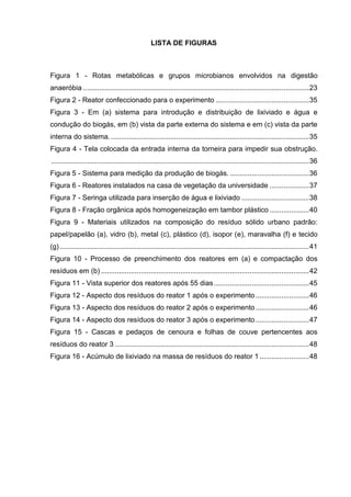 6
LISTA DE FIGURAS
Figura 1 - Rotas metabólicas e grupos microbianos envolvidos na digestão
anaeróbia ..................................................................................................................23
Figura 2 - Reator confeccionado para o experimento ...............................................35
Figura 3 - Em (a) sistema para introdução e distribuição de lixiviado e água e
condução do biogás, em (b) vista da parte externa do sistema e em (c) vista da parte
interna do sistema.....................................................................................................35
Figura 4 - Tela colocada da entrada interna da torneira para impedir sua obstrução.
..................................................................................................................................36
Figura 5 - Sistema para medição da produção de biogás. ........................................36
Figura 6 - Reatores instalados na casa de vegetação da universidade ....................37
Figura 7 - Seringa utilizada para inserção de água e lixiviado ..................................38
Figura 8 - Fração orgânica após homogeneização em tambor plástico ....................40
Figura 9 - Materiais utilizados na composição do resíduo sólido urbano padrão:
papel/papelão (a), vidro (b), metal (c), plástico (d), isopor (e), maravalha (f) e tecido
(g)..............................................................................................................................41
Figura 10 - Processo de preenchimento dos reatores em (a) e compactação dos
resíduos em (b) .........................................................................................................42
Figura 11 - Vista superior dos reatores após 55 dias................................................45
Figura 12 - Aspecto dos resíduos do reator 1 após o experimento...........................46
Figura 13 - Aspecto dos resíduos do reator 2 após o experimento...........................46
Figura 14 - Aspecto dos resíduos do reator 3 após o experimento...........................47
Figura 15 - Cascas e pedaços de cenoura e folhas de couve pertencentes aos
resíduos do reator 3 ..................................................................................................48
Figura 16 - Acúmulo de lixiviado na massa de resíduos do reator 1.........................48
 