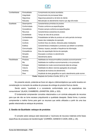 _________________________________________________________________________________________________________________________________________________________________________________________________________________________________________________________________________________________________________________________________________________________________________________________________________________________________________________
Curso de Administração – FCN 5
Confiabilidade Pontualidade
Integridade
Segurança
Robustez
Cumprimento de prazos acordados
Cumprimento de promessas feitas
Segurança pessoal ou de bens do cliente
Manutenção do atendimento mesmo que algo dê errado
Qualidade Desempenho
Conformidade
Consistência
Recursos
Durabilidade
Confiabilidade
Limpeza
Conforto
Estética
Comunicação
Competência
Simpatia
Atenção
Características primárias do produto
Produto conforme as especificações
Produto sempre conforme as especificações
Características acessórias do produto
Tempo de vida útil do produto
Probabilidade de falha do produto em certo período de tempo
Asseio das instalações da operação
Conforto físico do cliente, oferecido pelas instalações
Características (instalações e produtos) que afetam os sentidos
Clareza, riqueza, precisão e frequência da informação
Grau de capacitação técnica da operação
Educação e cortesia no atendimento
Atendimento atento
Flexibilidade Produtos
Mix
Entregas
Volume
Horários
Área
Habilidade de introduzir/modificar produtos economicamente
Habilidade de modificar economicamente o mix produzido
Habilidade de mudar economicamente data de entrega
Habilidade de alterar volumes agregados de produção
Amplitude de horários de atendimento
Amplitude de área geográfica na qual o atendimento pode ocorrer
Fonte: Adaptado de Corrêa e Corrêa, 2013, p. 30.
No presente estudo, pretende-se focar em alguns critérios/objetivos que serão levados em
consideração no momento da análise do processo de entrega do produto final ao cliente.
Sendo assim, “qualidade é a consistente conformidade com as expectativas dos
consumidores” (SLACK; CHAMBERS; JOHNSTON, 2009, p. 523).
É fundamental compreender conceitos relacionados a um controle adequado de recursos
para que ele não se torne escasso prejudicando a qualidade desejada. Desta forma, é preciso
compreender a melhor forma para gerir os recursos que serão utilizados a partir de uma boa
gestão relacionada ao estoque de produtos.
2. Gestão da Qualidade: estoque de produtos
O conceito sobre estoque está relacionado a “acúmulos de recursos materiais entre fases
específicas de processos de transformação” (CORRÊA; GIANESI E CAON; 2008, p. 29).
 