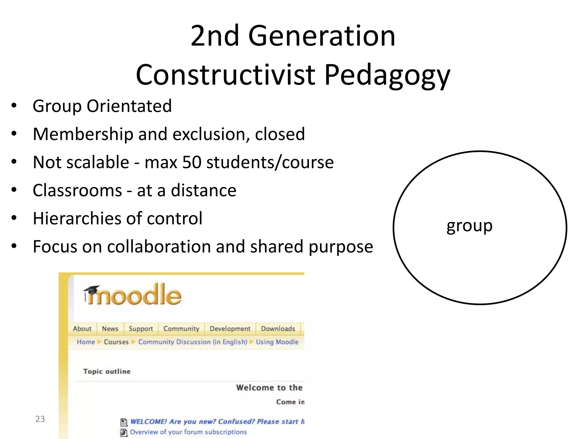 23
2nd Generation
Constructivist Pedagogy
• Group Orientated
• Membership and exclusion, closed
• Not scalable - max 50 students/course
• Classrooms - at a distance
• Hierarchies of control
• Focus on collaboration and shared purpose
group
 