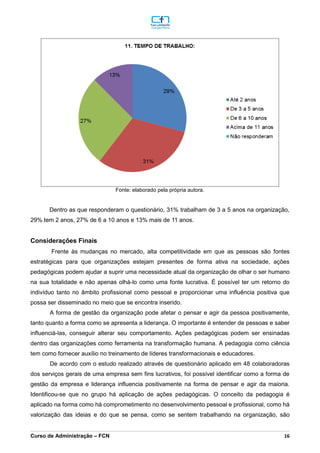 _________________________________________________________________________________________________________________________________________________________________________________________________________________________________________________________________________________________________________________________________________________________________________________________________________________________________________________
Curso de Administração – FCN 16
Fonte: elaborado pela própria autora.
Dentro as que responderam o questionário, 31% trabalham de 3 a 5 anos na organização,
29% tem 2 anos, 27% de 6 a 10 anos e 13% mais de 11 anos.
Considerações Finais
Frente às mudanças no mercado, alta competitividade em que as pessoas são fontes
estratégicas para que organizações estejam presentes de forma ativa na sociedade, ações
pedagógicas podem ajudar a suprir uma necessidade atual da organização de olhar o ser humano
na sua totalidade e não apenas olhá-lo como uma fonte lucrativa. É possível ter um retorno do
indivíduo tanto no âmbito profissional como pessoal e proporcionar uma influência positiva que
possa ser disseminado no meio que se encontra inserido.
A forma de gestão da organização pode afetar o pensar e agir da pessoa positivamente,
tanto quanto a forma como se apresenta a liderança. O importante é entender de pessoas e saber
influenciá-las, conseguir alterar seu comportamento. Ações pedagógicas podem ser ensinadas
dentro das organizações como ferramenta na transformação humana. A pedagogia como ciência
tem como fornecer auxílio no treinamento de líderes transformacionais e educadores.
De acordo com o estudo realizado através de questionário aplicado em 48 colaboradoras
dos serviços gerais de uma empresa sem fins lucrativos, foi possível identificar como a forma de
gestão da empresa e liderança influencia positivamente na forma de pensar e agir da maioria.
Identificou-se que no grupo há aplicação de ações pedagógicas. O conceito da pedagogia é
aplicado na forma como há comprometimento no desenvolvimento pessoal e profissional, como há
valorização das ideias e do que se pensa, como se sentem trabalhando na organização, são
 