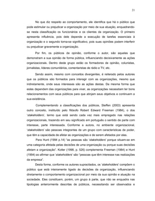 21



      No que diz respeito ao comportamento, ele identifica que há o público que
pode estimular ou prejudicar a organização por meio de sua atuação, enquadrando-
se nesta classificação os funcionários e os clientes da organização. O primeiro
apresenta influência, pois dele depende a execução de tarefas essenciais à
organização e o segundo torna-se significativo, pois suas opiniões podem interferir
ou prejudicar gravemente a organização.

      Por fim, os públicos de opinião, conforme o autor, são aqueles que
demonstram a sua opinião de forma pública, influenciando decisivamente as ações
organizacionais. Dentro deste grupo estão os formadores de opinião, colunistas,
jornalistas, líderes comunitários, comentaristas de rádio e TV, etc.

      Sendo assim, mesmo com conceitos divergentes, é reiterado pelos autores
que os públicos são formados para interagir com as organizações, mesmo que
indiretamente, onde seus interesses são as ações destas. Da mesma forma que
estes dependem das organizações para viver, as organizações necessitam ter bons
relacionamentos com seus públicos para que atinjam seus objetivos e continuem a
sua existência.

       Complementando a classificações dos públicos, Steffen (2003) apresenta
outro conceito, instituído pelo filósofo Robert Edward Freeman (1984), o dos
‘stakeholders’, termo que está sendo cada vez mais empregado nas relações
organizacionais, trazendo em seu significado em português o sentido de parte com
interesse, parte interessada. Conforme a autora, no ambiente organizacional,
‘stakeholders’ são pessoas integrantes de um grupo com características de poder,
que têm a capacidade de afetar as organizações e de serem afetados por elas.
       Para Hunt (1994 p.14) “as pessoas são ‘stakeholders’ porque situam-se em
uma categoria afetada pelas decisões de uma organização ou porque suas decisões
afetam a organização”. Kotler (1998, p. 526) complementa Freeman (1984) e Hunt
(1994) ao afirmar que ‘stakeholders’ são “pessoas que têm interesse nas realizações
da empresa”.
      Desta forma, conforme os autores supracitados, os ‘stakeholders’ compõem o
público que está inteiramente ligado às decisões da organização, influenciando
diretamente o comportamento organizacional por meio da sua opinião e atuação na
sociedade. Eles constituem, porém, um grupo à parte, que não se enquadra nas
tipologias anteriormente descritas de públicos, necessitando ser observados e
 