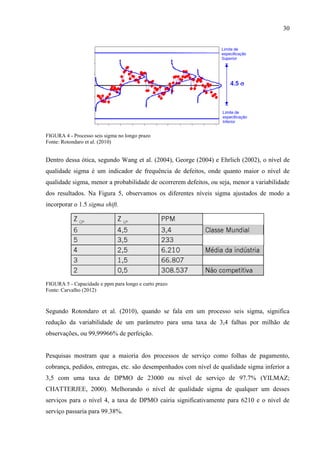 30
FIGURA 4 - Processo seis sigma no longo prazo
Fonte: Rotondaro et al. (2010)
Dentro dessa ótica, segundo Wang et al. (2004), George (2004) e Ehrlich (2002), o nível de
qualidade sigma é um indicador de frequência de defeitos, onde quanto maior o nível de
qualidade sigma, menor a probabilidade de ocorrerem defeitos, ou seja, menor a variabilidade
dos resultados. Na Figura 5, observamos os diferentes níveis sigma ajustados de modo a
incorporar o 1.5 sigma shift.
FIGURA 5 - Capacidade e ppm para longo e curto prazo
Fonte: Carvalho (2012)
Segundo Rotondaro et al. (2010), quando se fala em um processo seis sigma, significa
redução da variabilidade de um parâmetro para uma taxa de 3,4 falhas por milhão de
observações, ou 99,99966% de perfeição.
Pesquisas mostram que a maioria dos processos de serviço como folhas de pagamento,
cobrança, pedidos, entregas, etc. são desempenhados com nível de qualidade sigma inferior a
3,5 com uma taxa de DPMO de 23000 ou nível de serviço de 97.7% (YILMAZ;
CHATTERJEE, 2000). Melhorando o nível de qualidade sigma de qualquer um desses
serviços para o nível 4, a taxa de DPMO cairia significativamente para 6210 e o nível de
serviço passaria para 99.38%.
 