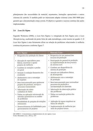 35
planejamento das necessidades de material, orçamentos, instruções operacionais e outros
sistemas de controle. E também pode ser interessante adaptar sistemas como ISO 9000 para
garantir que a documentação esteja correta. O objetivo é garantir o sucesso contínuo das ações
implementadas.
2.6 Lean Six Sigma
Segundo Werkema (2006), o Lean Seis Sigma é a integração do Seis Sigma com o Lean
Manufacturing, usufruindo do ponto forte de cada metodologia, como mostra no quadro 2. O
Lean Seis Sigma é uma ferramenta eficaz na solução de problemas relacionados à melhoria
contínua de processos conforme figura 7.
QUADRO 2 - Características complementares do seis sigma e Lean
Fonte: Rotondaro et al., 2010, p. 267
 