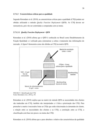 38
2.7.1.3 Características críticas para a qualidade
Segundo Rotondaro et al. (2010), as características críticas para a qualidade (CTQ) podem ser
obtidas utilizando o método Quality Function Deployment (QFD). As CTQ devem ser
mensuráveis, pois vão ser controladas e comparadas com as metas.
2.7.1.3.1 Quality Function Deployment - QFD
Rotondaro et al. (2010) afirma que o QFD é conhecido no Brasil como Desdobramento da
Função Qualidade e é utilizado para sistematizar a coleta e tratamento das informações do
mercado. A figura 9 demonstra como são obtidas as CTQ na matriz QFD.
FIGURA 9 - Identificação das CTQ
Fonte: Rotondaro et al., 2010, p. 56
Rotondaro et al. (2010) explica que na matriz do método QFD as necessidades dos clientes
são traduzidas em CTQ, também são interpretadas e é feita a priorização das CTQ. Para
preencher a matriz é necessário listar as CTQs que estão relacionadas às demandas do cliente,
a relação entre as necessidades dos clientes e as CTQ, a correlação entre as CTQ, a
classificação com base nos pesos e as metas das CTQ.
Rotondaro et al. (2010) afirma que o peso absoluto e relativo das características da qualidade
 