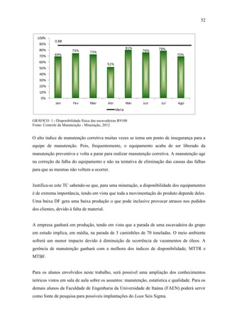 52
GRÁFICO 1 - Disponibilidade física das escavadeiras R9100
Fonte: Controle da Manutenção - Mineração, 2012
O alto índice de manutenção corretiva muitas vezes se torna um ponto de insegurança para a
equipe de manutenção. Pois, frequentemente, o equipamento acaba de ser liberado da
manutenção preventiva e volta a parar para realizar manutenção corretiva. A manutenção age
na correção da falha do equipamento e não na tentativa de eliminação das causas das falhas
para que as mesmas não voltem a ocorrer.
Justifica-se este TC sabendo-se que, para uma mineração, a disponibilidade dos equipamentos
é de extrema importância, tendo em vista que toda a movimentação do produto depende deles.
Uma baixa DF gera uma baixa produção o que pode inclusive provocar atrasos nos pedidos
dos clientes, devido à falta de material.
A empresa ganhará em produção, tendo em vista que a parada de uma escavadeira do grupo
em estudo implica, em média, na parada de 3 caminhões de 70 toneladas. O meio ambiente
sofrerá um menor impacto devido à diminuição de ocorrência de vazamentos de óleos. A
gerência de manutenção ganhará com a melhora dos índices de disponibilidade, MTTR e
MTBF.
Para os alunos envolvidos neste trabalho, será possível uma ampliação dos conhecimentos
teóricos vistos em sala de aula sobre os assuntos: manutenção, estatística e qualidade. Para os
demais alunos da Faculdade de Engenharia da Universidade de Itaúna (FAEN) poderá servir
como fonte de pesquisa para possíveis implantações do Lean Seis Sigma.
 