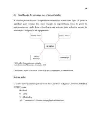 64
5.4 Identificação dos sistemas e suas principais funções
A identificação dos sistemas e dos principais componentes, mostrados na figura 26, ajudará a
identificar quais sistemas tem maior impacto na disponibilidade física do grupo de
equipamentos em estudo. Para a identificação dos sistemas foram utilizados manuais de
manutenção e de operação dos equipamentos.
FIGURA 26 - Sistemas a serem mostrados
Fonte: Controle de Manutenção, Mineração, 2013
Os tópicos a seguir referem-se à descrição dos componentes de cada sistema:
Sistema motor
O sistema motor é composto por um motor diesel, mostrado na figura 27, modelo LIEBHERR
D9512A7, onde:
D - diesel
95 – série
12 - 12 cilindros
A7 – Common Rail – Sistema de injeção eletrônica diesel.
 
