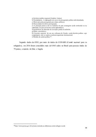 44
a) Instituto jurídico regional (América Latina);
b) Normalmente, é empregado em casos de perseguição política individualizada;
c) Motivado pela perseguição por crimes políticos;
d) Necessidade de efetiva perseguição;
e) A proteção pode se dar no território do país estrangeiro (asilo territorial) ou na
embaixada do país de destino (asilo diplomático);
f) Inexistência de cláusulas de cessação, perda ou exclusão;
g) Efeito constitutivo;
h) Constitui exercício de um ato soberano do Estado, sendo decisão política cujo
cumprimento não se sujeita a nenhumorganismo internacional;
i) Medida de caráter político30.
Segundo dados da ONU, por meio de dados do CONARE (Comitê nacional para os
refugiados), em 2016 foram concedidos mais de 8.863 asilos no Brasil para pessoas vindas de
79 países, a maioria da Síria e Angola.
30http://www.justica.gov.br/noticias/entenda-as-diferencas-entre-refugio-e-asilo
 