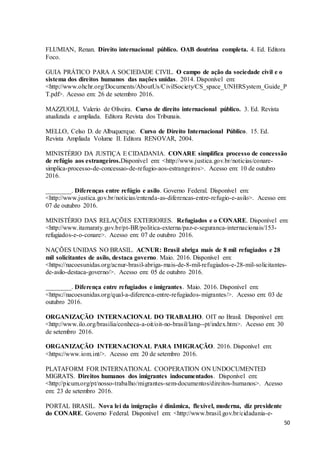 50
FLUMIAN, Renan. Direito internacional público. OAB doutrina completa. 4. Ed. Editora
Foco.
GUIA PRÁTICO PARA A SOCIEDADE CIVIL. O campo de ação da sociedade civil e o
sistema dos direitos humanos das nações unidas. 2014. Disponível em:
<http://www.ohchr.org/Documents/AboutUs/CivilSociety/CS_space_UNHRSystem_Guide_P
T.pdf>. Acesso em: 26 de setembro 2016.
MAZZUOLI, Valerio de Oliveira. Curso de direito internacional público. 3. Ed. Revista
atualizada e ampliada. Editora Revista dos Tribunais.
MELLO, Celso D. de Albuquerque. Curso de Direito Internacional Público. 15. Ed.
Revista Ampliada Volume II. Editora RENOVAR, 2004.
MINISTÉRIO DA JUSTIÇA E CIDADANIA. CONARE simplifica processo de concessão
de refúgio aos estrangeiros.Disponível em: <http://www.justica.gov.br/noticias/conare-
simplica-processo-de-concessao-de-refugio-aos-estrangeiros>. Acesso em: 10 de outubro
2016.
________. Diferenças entre refúgio e asilo. Governo Federal. Disponível em:
<http://www.justica.gov.br/noticias/entenda-as-diferencas-entre-refugio-e-asilo>. Acesso em:
07 de outubro 2016.
MINISTÉRIO DAS RELAÇÕES EXTERIORES. Refugiados e o CONARE. Disponível em:
<http://www.itamaraty.gov.br/pt-BR/politica-externa/paz-e-seguranca-internacionais/153-
refugiados-e-o-conare>. Acesso em: 07 de outubro 2016.
NAÇÕES UNIDAS NO BRASIL. ACNUR: Brasil abriga mais de 8 mil refugiados e 28
mil solicitantes de asilo, destaca governo. Maio. 2016. Disponível em:
<https://nacoesunidas.org/acnur-brasil-abriga-mais-de-8-mil-refugiados-e-28-mil-solicitantes-
de-asilo-destaca-governo/>. Acesso em: 05 de outubro 2016.
________. Diferença entre refugiados e imigrantes. Maio. 2016. Disponível em:
<https://nacoesunidas.org/qual-a-diferenca-entre-refugiados-migrantes/>. Acesso em: 03 de
outubro 2016.
ORGANIZAÇÃO INTERNACIONAL DO TRABALHO. OIT no Brasil. Disponível em:
<http://www.ilo.org/brasilia/conheca-a-oit/oit-no-brasil/lang--pt/index.htm>. Acesso em: 30
de setembro 2016.
ORGANIZAÇÃO INTERNACIONAL PARA IMIGRAÇÃO. 2016. Disponível em:
<https://www.iom.int/>. Acesso em: 20 de setembro 2016.
PLATAFORM FOR INTERNATIONAL COOPERATION ON UNDOCUMENTED
MIGRATS. Direitos humanos dos imigrantes indocumentados. Disponível em:
<http://picum.org/pt/nosso-trabalho/migrantes-sem-documentos/direitos-humanos>. Acesso
em: 23 de setembro 2016.
PORTAL BRASIL. Nova lei da imigração é dinâmica, flexível, moderna, diz presidente
do CONARE. Governo Federal. Disponível em: <http://www.brasil.gov.br/cidadania-e-
 