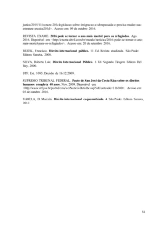51
justica/2015/11/conare-201clegislacao-sobre-imigracao-e-ultrapassada-e-precisa-mudar-sua-
estrutura-arcaica201d>. Acesso em: 09 de outubro 2016.
REVISTA EXAME. 2016 pode se tornar o ano mais mortal para os refugiados. Ago.
2016. Disponível em: <http://exame.abril.com.br/mundo/noticias/2016-pode-se-tornar-o-ano-
mais-mortal-para-os-refugiados>. Acesso em: 20 de setembro 2016.
REZEK, Francisco. Direito internacional público. 11. Ed. Revista atualizada. São Paulo:
Editora Saraiva, 2008.
SILVA, Roberto Luiz. Direito Internacional Público. 1. Ed. Segunda Tiragem Editora Del
Rey, 2000.
STF. Ext. 1085. Decisão de 16.12.2009.
SUPREMO TRIBUNAL FEDERAL. Pacto de San José da Costa Rica sobre os direitos
humanos completa 40 anos. Nov. 2009. Disponível em:
<http://www.stf.jus.br/portal/cms/verNoticiaDetalhe.asp?idConteudo=116380>. Acesso em:
03 de outubro 2016.
VARELA, D. Marcelo. Direito internacional esquematizado. 4. São Paulo: Editora Saraiva,
2012.
 