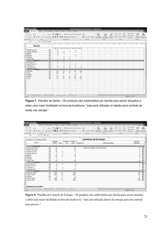 Figura 7. Planilha de Saída – Os produtos são subdivididos por família para serem lançados e
obter uma maior facilidade na hora de localiza-lo. “esta será utilizada no balcão para controle de
saída nas vendas.”




Figura 8. Planilha de Controle de Estoque – Os produtos são subdivididos por família para serem lançados
e obter uma maior facilidade na hora de localiza-lo. “esta será utilizada dentro do estoque para um controle
mais preciso.”



                                                                                                               21
 