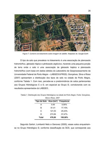 26
Figura 7. Contorno do loteamento sobre imagem de satélite. Adaptado de: Google Earth
O tipo de solo que prevalece no loteamento é uma associação de planossolo
hidromórfico, gleissolo hápico e plintossolo argilúvico, havendo uma pequena porção
de terra onde o solo é uma associação de gleissolo háplico e planossolo
hidromórfico (com base em dados obtidos do Laboratório de Geoprocessamento da
Universidade Federal de Porto Alegre – LABGEO/UFRGS). Gonçalves, Silva e Risso
(2007) apresentam a distribuição dos tipos de solo na cidade de Porto Alegre,
conforme Tabela 1. Com isso, percebe-se a predominância de solos pertencentes
aos Grupos Hidrológicos C e D, em especial ao Grupo D, corroborando com os
resultados apresentados do LABGEO.
Tabela 1. Distribuição dos Grupos Hidrológicos na cidade de Porto Alegre. Fonte: Gonçalves,
Silva e Risso, 2007
Tipo de Solo Área (km²) Frequência
A 0,00 0,00%
B 81,41 17,10%
C 121,03 25,43%
D 273,56 57,47%
Total 476,00 100,00%
Segundo Sartori, Lombardi Neto e Genovez (2005), esses solos enquadram-
se no Grupo Hidrológico D, conforme classificação do SCS, que corresponde aos
 