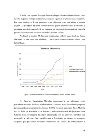 E assim com o passar do tempo foram sendo percebidas relações existentes entre
investir na pesca, proteger os recursos pesqueiros e garantir o território dos pescadores.
Por esses motivos as Resex passaram a ser pleiteadas pelos pescadores artesanais
(Figura 1), que apesar de terem a consciência de que tal alternativa não é suficiente e
nem deve ser o único caminho, é por enquanto um importante instrumento de luta pela
garantia de seus direitos por esses territórios (Silveira, 2009a).
                         No Brasil já existem 53 Reservas Extrativistas, onde 22 desse total são Resex
Marinhas. Do total das Resex Marinhas, 11 estão localizadas no Nordeste, sendo 1 em
Pernambuco.

                                                         Reservas Extrativistas

                         60


                         50
    número de reservas




                         40

                                                                                                   Total
                         30                                                                        Resex Marinhas- Brasil
                                                                                                   Resex Marinhas- Nordeste
                         20


                         10


                         0
                              1990 1992 1994 1996 1998 2000 2002 2004 2006 2008
                                                          ano


                                Figura 1: Número de Reservas Extrativistas no Brasil. Fonte: Silveira, 2009a.



                         As Reservas Extrativistas Marinhas começaram a ser solicitadas pelos
pescadores artesanais do litoral, tendo em vista a crescente perda do território pesqueiro
para os grandes empreendimentos. No ano de 1992 foi criada a primeira Resex Marinha
fora do limite da Amazônia, era a Reserva extrativista marinha de Pirajubaé em Santa
Catarina. Essa subcategoria das Resex identificada com os territórios marinhos tem
aumentado a cada ano. Esses pedidos para a delimitação de espaços secularmente
ocupados por pescadores artesanais evidenciam um indício de fortalecimento e



                                                                                                                        28
 