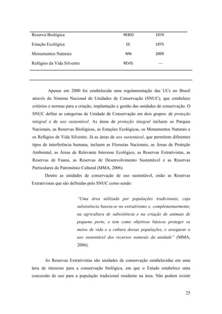 Reserva Biológica                                  REBIO           1974

Estação Ecológica                                   EE             1975

Monumentos Naturais                                MN              2009

Refúgios da Vida Silvestre                         REVIS            ---




        Apenas em 2000 foi estabelecida uma regulamentação das UCs no Brasil
através do Sistema Nacional de Unidades de Conservação (SNUC), que estabelece
critérios e normas para a criação, implantação e gestão das unidades de conservação. O
SNUC define as categorias de Unidade de Conservação em dois grupos: de proteção
integral e de uso sustentável. As áreas de proteção integral incluem os Parques
Nacionais, as Reservas Biológicas, as Estações Ecológicas, os Monumentos Naturais e
os Refúgios de Vida Silvestre. Já as áreas de uso sustentável, que permitem diferentes
tipos de interferência humana, incluem as Florestas Nacionais, as Áreas de Proteção
Ambiental, as Áreas de Relevante Interesse Ecológico, as Reservas Extrativistas, as
Reservas de Fauna, as Reservas de Desenvolvimento Sustentável e as Reservas
Particulares do Patrimônio Cultural (MMA, 2006).
       Dentre as unidades de conservação de uso sustentável, estão as Reservas
Extrativistas que são definidas pelo SNUC como sendo:


                        “Uma área utilizada por populações tradicionais, cuja
                        subsistência baseia-se no extrativismo e, complementarmente,
                        na agricultura de subsistência e na criação de animais de
                        pequeno porte, e tem como objetivos básicos proteger os
                        meios de vida e a cultura dessas populações, e assegurar o
                        uso sustentável dos recursos naturais da unidade” (MMA,
                        2006).


       As Reservas Extrativistas são unidades de conservação estabelecidas em uma
área de interesse para a conservação biológica, em que o Estado estabelece uma
concessão de uso para a população tradicional residente na área. Não podem existir


                                                                                   25
 