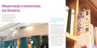 Observação e entrevista
em livraria
Foi realizada uma pesquisa de campo
na Livraria Cultura, em Curitiba.
O objetivo foi colher informações sobre
a venda de e-books: como é realizada,     Como é feita a venda
valores comparados com livros
impressos e opiniões de vendedores.
                                          de e-books dentro da
                                          livraria?
                                          O e-books são vendidos via web, mas
                                          existe a publicidade impressa dentro
                                          da livraria, exposta ao lado dos livros
                                          impressos. São materiais que contém
                                          o design gráfico da capa original, e no
                                          verso contém a sinopse do livro, como
                                          mostrado na imagem abaixo. A compra
                                          de um ebook pode ser realizada pela
                                          internet ou pela livraria. O cliente
                                          efetua o pagamento e recebe um link
                                          para download do livro (PDF ou ePub),
                                          e pode fazer o download até 6 vezes.
                                          Os livros, segundo os vendedores da
                                          livraria, tem um número limitado de
                                          downloads, mas não possuem proteção
                                          contra cópia, ou seja, poderia ser
                                          compartilhado sem dificuldades.
 