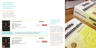 Comparação dos
valores cobrados
pelos e-books e pelos
livros impressos
Os e-books ainda não possuem
um preço muito abaixo dos livros
impressos, apesar da tendência de
diminuição do preço ao passar dos
meses, segundo os vendedores. Ainda
é possível encontrar e-books acima de
R$70,00.

                                        Entrevista com
                                        vendedores da
                                        livraria
                                        Segundo os vendedores da Livraria
                                        Cultura, os e-books mais vendidos são
                                        os das áreas técnicas, principalmente de
                                        Direito e Medicina. O principal motivo
                                        identificado para a compra de e-books
                                        é o excessivo peso que todos os livros
                                        necessários para as aulas possuem.
                                        Os estudantes optam pelo e-book pela
                                        praticidade, e não pelo preço, já que
                                        neste quesito não há muita diferença
                                        entre e-books e livros impressos. Os
                                        vendedores também percebem uma
                                        diminuição do preço dos e-books, que
                                        segundo eles, é uma tendência devido
                                        a cada vez maior popularização dos
                                        aparelhos para leitura digital.
 