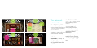 Tipos de interação                         Complementação com vídeo: O
                                           recurso de vídeo foi encontrado também
encontrados                                como forma da autora explicar a
                                           plataforma.
Rede social própria: a plataforma
possui um rede social própria, que         Elementos de jogo: Foram
promove a integração e contato entre os    encontrados diversos elementos
usuários. É possivel interagir em fóruns   característicos de jogos: como
das casas participantes.                   dashboard, pontuação, competição,
                                           batalhas, coleta de materiais
Nova forma de ler um texto: Foram          importantes, etc.
encontradas maneiras diferentes de
“ler” um trecho, seja através de vídeos    Simulação de livro impresso:
ou hiperlinks.                             em alguns momentos, a plataforma
                                           apresenta o texto de forma semelhante
Elementos WEB: A plataforma, até           ao livro, em uma página que simula
mesmo por ser online, possui vários        papel.
elementos característicos de websites:
links, menu, shopping online e botões
de navegação.
 