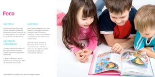 Foco
OBJETIVO                                               HIPÓTESE
Como as pessoas lerão livros daqui                     Com as novas possibilidades que o meio
10 anos? Descobrir de que forma as                     digital traz, a leitura será feita através
pessoas lerão no futuro, usando que tipo               de imagens e links, e a cada novo
de artefato (digital ou não) e quais tipos             capítulo lido, as pessoas compartilharão
de experiências serão interessantes.                   e comentarão com seus amigos através
                                                       de redes sociais.

OBJETIVOS                                              Apesar de crescente as mudanças
ESPECÍFICOS                                            tecnológicas, daqui a 10 anos - em
                                                       2022, a leitura com o livro físico e a
1.Verificar a aderência do público-alvo                leitura com o livro digital coexistirão,
frente aos dispositivos eletrônicos                    dependendo do usuário e da
disponíveis para leitura (ipad, kindle,                característica de cada livro.
positivo alfa);


2. Mostrar possibilidades de novas
experiências de leitura (imagens, links*,
não-linearidade, leitura social).




*links são ligações por meio das quais se pode saltar para outra parte de uma página
 