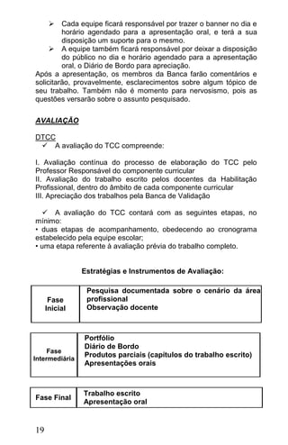   Cada equipe ficará responsável por trazer o banner no dia e
         horário agendado para a apresentação oral, e terá a sua
         disposição um suporte para o mesmo.
      A equipe também ficará responsável por deixar a disposição
         do público no dia e horário agendado para a apresentação
         oral, o Diário de Bordo para apreciação.
Após a apresentação, os membros da Banca farão comentários e
solicitarão, provavelmente, esclarecimentos sobre algum tópico de
seu trabalho. Também não é momento para nervosismo, pois as
questões versarão sobre o assunto pesquisado.

AVALIAÇÃO

DTCC
  A avaliação do TCC compreende:

I. Avaliação contínua do processo de elaboração do TCC pelo
Professor Responsável do componente curricular
II. Avaliação do trabalho escrito pelos docentes da Habilitação
Profissional, dentro do âmbito de cada componente curricular
III. Apreciação dos trabalhos pela Banca de Validação

   A avaliação do TCC contará com as seguintes etapas, no
mínimo:
• duas etapas de acompanhamento, obedecendo ao cronograma
estabelecido pela equipe escolar;
• uma etapa referente à avaliação prévia do trabalho completo.


                Estratégias e Instrumentos de Avaliação:

                 Pesquisa documentada sobre o cenário da área
      Fase       profissional
     Inicial     Observação docente



                Portfólio
                Diário de Bordo
     Fase
                Produtos parciais (capítulos do trabalho escrito)
Intermediária
                Apresentações orais



                Trabalho escrito
Fase Final
                Apresentação oral


19
 