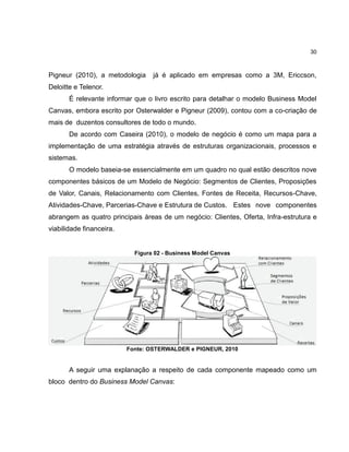 30

Pigneur (2010), a metodologia

já é aplicado em empresas como a 3M, Ericcson,

Deloitte e Telenor.
É relevante informar que o livro escrito para detalhar o modelo Business Model
Canvas, embora escrito por Osterwalder e Pigneur (2009), contou com a co-criação de
mais de duzentos consultores de todo o mundo.
De acordo com Caseira (2010), o modelo de negócio é como um mapa para a
implementação de uma estratégia através de estruturas organizacionais, processos e
sistemas.
O modelo baseia-se essencialmente em um quadro no qual estão descritos nove
componentes básicos de um Modelo de Negócio: Segmentos de Clientes, Proposições
de Valor, Canais, Relacionamento com Clientes, Fontes de Receita, Recursos-Chave,
Atividades-Chave, Parcerias-Chave e Estrutura de Custos. Estes nove componentes
abrangem as quatro principais áreas de um negócio: Clientes, Oferta, Infra-estrutura e
viabilidade financeira.

Figura 02 - Business Model Canvas

Fonte: OSTERWALDER e PIGNEUR, 2010

A seguir uma explanação a respeito de cada componente mapeado como um
bloco dentro do Business Model Canvas:

 