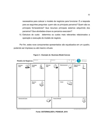 32

necessários para colocar o modelo de negócios para funcionar. É a resposta
para as seguintes perguntas: quem são os principais parceiros? Quem são os
principais fornecedores? Que recursos principais estamos adquirindo dos
parceiros? Que atividades-chave os parceiros executam?
h) Estrutura de custo:

determina os custos mais relevantes relacionados a

operação e execução do modelo de negócio.

Por fim, estes nove componentes apresentados são equalizados em um quadro,
podendo ser impresso ou até mesmo virtuais:

Figura 3 – Exemplo de Business Model Canvas

Fonte: OSTERWALDER e PIGNEUR, 2010

 