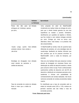58

(conclusão)
Hípotese

Validada

Aprendizado

ou Refutada
Flores

não

dão

para

ser refutada

Uma

proposta

de

valor

do

MaisFloresBH

entregues por motoboys, apenas

inicialmente era realizar todas as entregas de carro,

por carro;

para que o cliente tivesse garantia de uma boa
experiência ao receber

o produto. Entretanto,

identificamos por questões de logística e trânsito,
que fica inviável e caro realizar entregas somente
por carro. Entrega por moto se tornou uma
alternativa viável, mais barata, e os produtos não
são comprometidos.
Cauda

Longa,

quanto

mais validada

O MaisFloresBH já vendeu mais de quarenta tipos

produtos colocar, mais vendas o

diferentes de produtos, em uma estratégia clara de

site irá ter

cauda-longa, feedbacks de clientes informam que
tem produtos que só foi possível encontrar no
MaisFloresBH, como a cesta de temperos, por
exemplo

Estratégia de divulgação muti- refutada

Esta era uma hipótese forte para alavancar vendas

canal através de parcerias e

através de divulgação em empresas físicas com

cartões de desconto;

distribuição de cartão de desconto atraindo o cliente
para consumir online na loja. Foram confeccionados
quatrocentos cartões de desconto com até 8% de
desconto e distribuído em empresas parceiras como
academias

e

clínicas

com

possibilidade

de

comissionamento sob vendas realizadas, não houve
nenhuma conversão de vendas provenientes destes
cupons.
Taxa de conversão de venda de refutada

Foi identificado que a taxa de conversão está na

flores é maior que a média de

média do mercado entre 0,5% e 1,5%, embora em

mercado

períodos sazonais (dia das mães) a taxa de
conversão aumenta.
Fonte: Elaborado pelo Autor

 