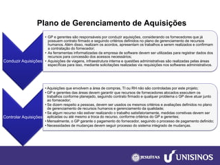Plano de Gerenciamento de Aquisições 
Conduzir Aquisições 
•GP e gerentes são responsáveis por conduzir aquisições, considerando os fornecedores que já possuem contrato firmado e seguindo critérios definidos no plano de gerenciamento de recursos humanos. Além disso, realizam os acordos, apresentam os trabalhos a serem realizados e confirmam a contratação do fornecedor; 
•As ferramentas informatizadas da empresa de software devem ser utilizadas para registrar dados dos recursos para concessão dos acessos necessários; 
•Aquisições de viagens, infraestrutura interna e questões administrativas são realizadas pelas áreas específicas para isso, mediante solicitações realizadas via requisições nos softwares administrativos. 
Controlar Aquisições 
•Aquisições que envolvem a área de compras, TI ou RH não são controladas por este projeto; 
•GP e gerentes das áreas devem garantir que recursos de fornecedores alocados executem os trabalhos conforme planejado, seguindo contrato firmado e qualquer problema o GP deve atuar junto ao fornecedor; 
•Se dizem respeito a pessoas, devem ser usados os mesmos critérios e avaliações definidos no plano de gerenciamento de recursos humanos e gerenciamento da qualidade; 
•Se algum recurso não estiver realizando o trabalho satisfatoriamente, medidas corretivas devem ser aplicadas ou até mesmo a troca do recurso, conforme critérios do GP e gerentes; 
•Mensalmente, o GP garante o pagamento do fornecedor, seguindo o processo de pagamento definido; 
•Necessidades de mudanças devem seguir processo do sistema integrado de mudanças.  