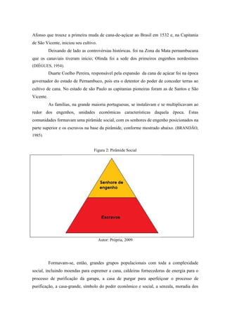 Afonso que trouxe a primeira muda de cana-de-açúcar ao Brasil em 1532 e, na Capitania
de São Vicente, iniciou seu cultivo.
           Deixando de lado as controvérsias históricas. foi na Zona da Mata pernambucana
que os canaviais tiveram início; Olinda foi a sede dos primeiros engenhos nordestinos
(DIÉGUES, 1954).
           Duarte Coelho Pereira, responsável pela expansão da cana de açúcar foi na época
governador do estado de Pernambuco, pois era o detentor do poder de conceder terras ao
cultivo de cana. No estado de são Paulo as capitanias pioneiras foram as de Santos e São
Vicente.
           As famílias, na grande maioria portuguesas, se instalavam e se multiplicavam ao
redor dos engenhos, unidades econômicas características daquela época. Estas
comunidades formavam uma pirâmide social, com os senhores de engenho posicionados na
parte superior e os escravos na base da pirâmide, conforme mostrado abaixo. (BRANDÃO,
1985).


                                   Figura 2: Pirâmide Social




                                       Autor: Própria, 2009




           Formavam-se, então, grandes grupos populacionais com toda a complexidade
social, incluindo moendas para espremer a cana, caldeiras fornecedoras de energia para o
processo de purificação da garapa, a casa de purgar para aperfeiçoar o processo de
purificação, a casa-grande, símbolo do poder econômico e social, a senzala, moradia dos
 